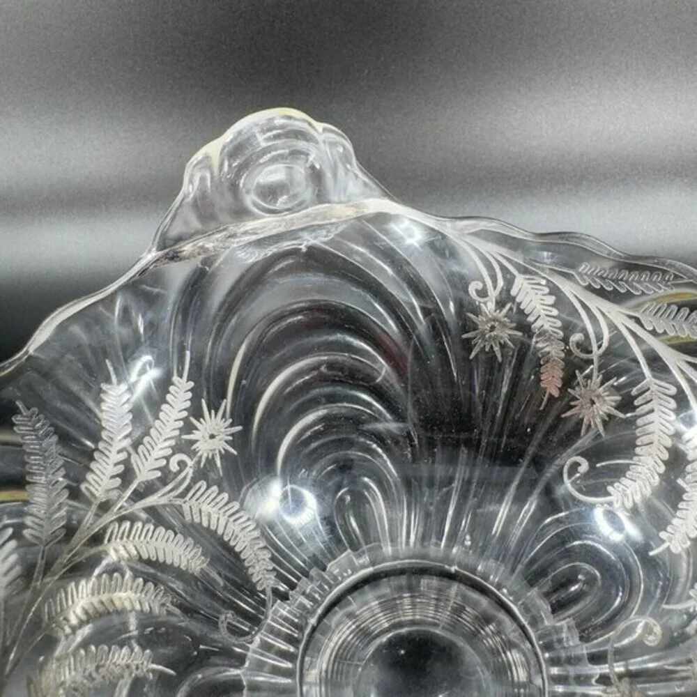 Vintage Cambridge Clear Glass Caprice Bowl Dish Handles‎ Silver Overlay Flower